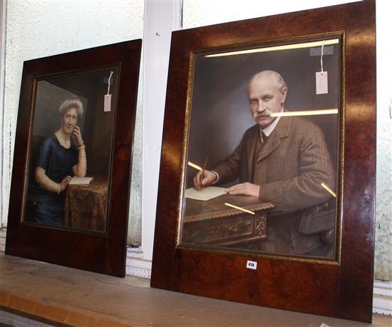 Pair of watercolour-heightened photographic portraits of Mr & Mrs Sutton (of the Sutton Seeds family), in burr walnut frames